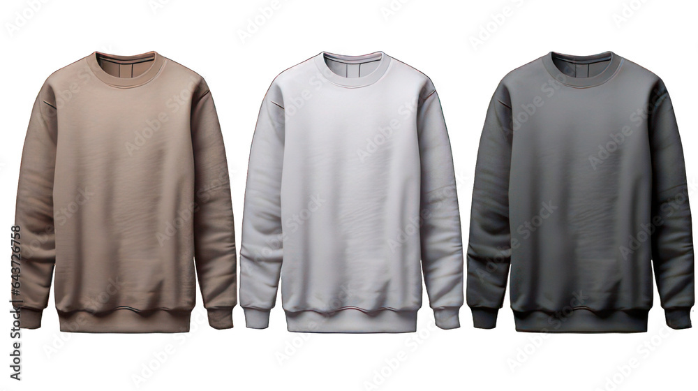 Sweatshirts in white, brown and black isolated on white created with Generative AI Sweatshirts in white, brown and black isolated on white created with Generative AI