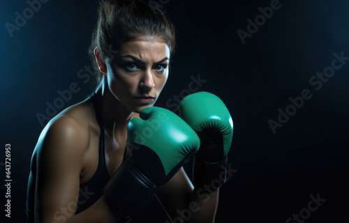 Woman fighter with green boxing gloves posing for the camera on the black background. concept of never give up with expressive facial features.