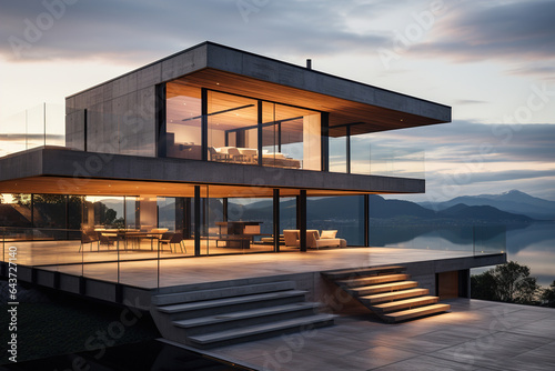 Exterior of a modern house on lake in evening, minimalism architecture design. Villa building in nature, mountains and water