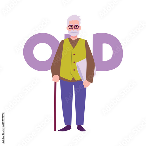 Pensioner man with stick cartoon portrait, smiling gray-haired elderly man with beard and glasses vector with lettering