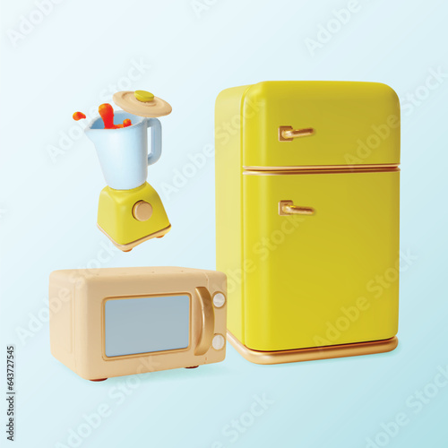 3d Kitchen Concept Cartoon Style Include of Smoothie in Blender, Refrigerator and Microwave Oven. Vector illustration