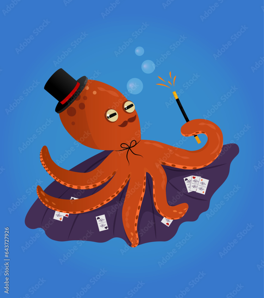 Vecteur Stock Vector Funny Cartoon Octopus Wizard Wearing Purple Cloack