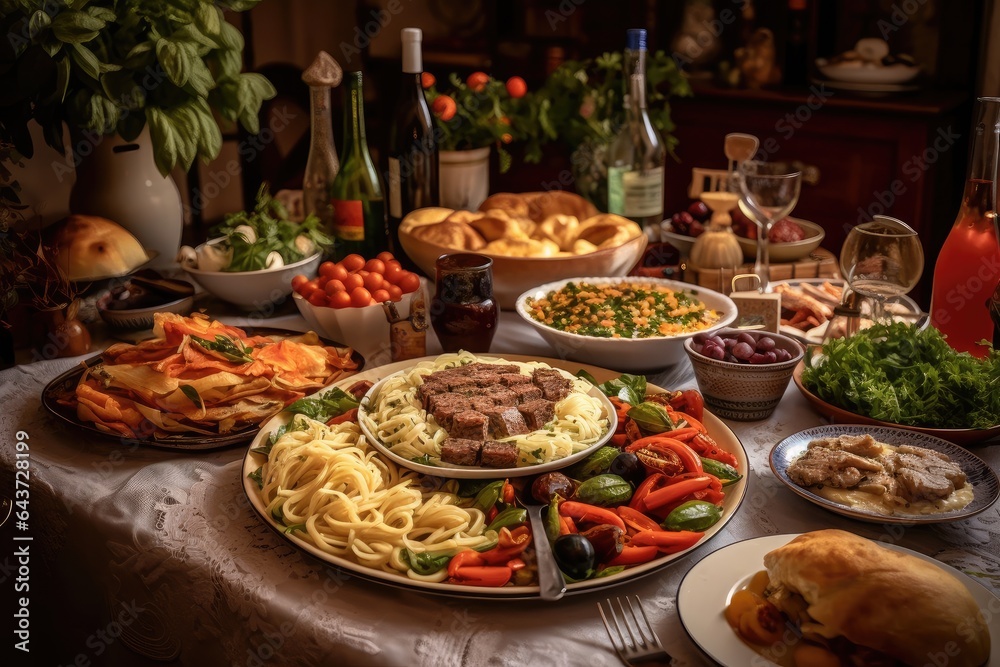 Gastronomic feast with succulent meat, vegetables and pasta, harmonized with wines., generative IA