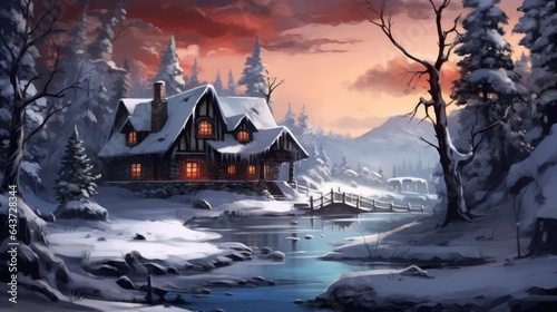 Winter landscape with wooden house in the mountains at night. Digital painting. © paulcannoby