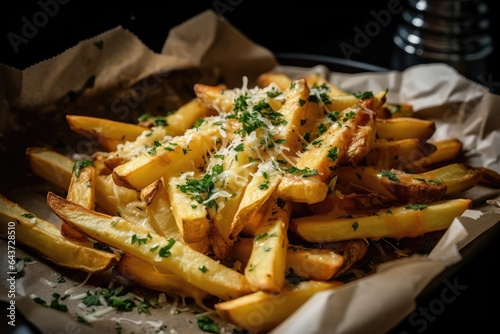 Delicious portion of crispy  golden fries.  generative IA