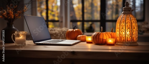 Laptop computer mock up white empty blank screen template Happy Halloween pumpkins decorations background, Thanksgiving digital online shopping website promo fall sale promotion offer ads, mockup. © Synthetica