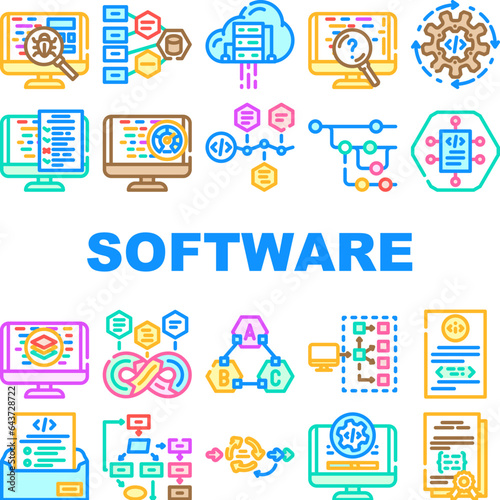 software compute, engineer icons set vector. code technology, office business, people man coder, work programmer website internet software compute, engineer color line illustrations