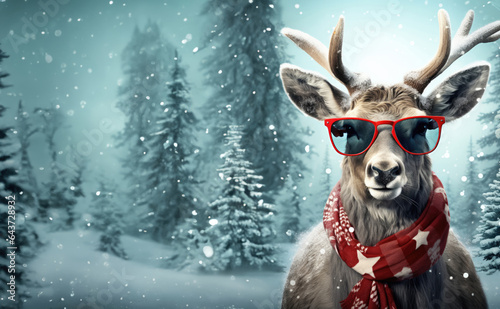 Anthropomorphic, reindeer, Woodland caribou in sunglasses with scarf on snowy background, copy-space and season greeting concept.
