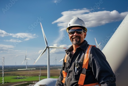 A technician or engineer maintaining a wind turbine, exemplifying the importance of renewable wind energy and sustainable power generation. 'generative AI' 