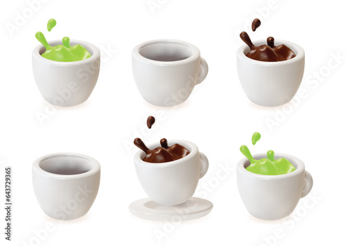 3d Different White Cup with Hot Coffee or Matcha Latte Splash. Vector illustration of Falling Ceramic Mug Empty