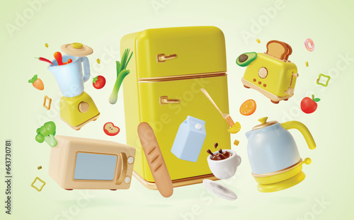 3d Kitchen Cooking Concept Cartoon Style Yellow Refrigerator and Electric Appliances Around. Vector illustration of Vertical Fridge
