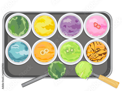 Top view of various delicious ice cream flavors in bowls and placed on a wooden tray near ice cream scoop on white background.