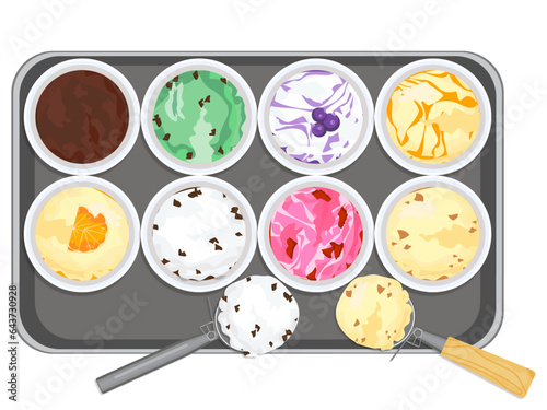 Top view of various delicious ice cream flavors in bowls and placed on a wooden tray near ice cream scoop on white background.