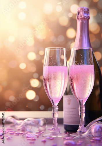 A bottle of champagne and two glasses. New year, celebration and party concept. Bright pastel colors of pink, purple and blue. photo