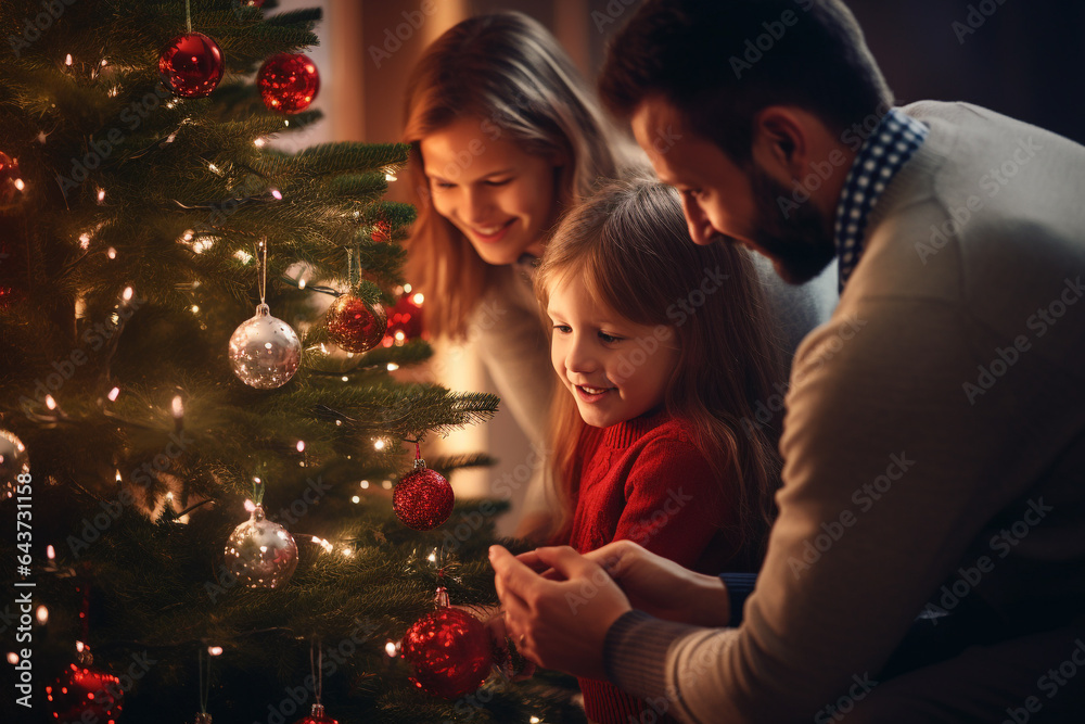 Christmas and New Year holidays concept. Happy family decorating Christmas tree with toys and garland and enjoy magical moment of Christmas eve and holidays. Generative AI Christmas and New Year holidays concept. Happy family decorating Christmas tree with toys and garland and enjoy magical moment of Christmas eve and holidays. Generative AI