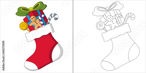 Fun coloring page of a Christmas Stocking filled with presents and candy. Very easy to color.  Coloring page for kids.  Simple coloring page.  Colored Clipart, Xmas card, banner, poster design 
