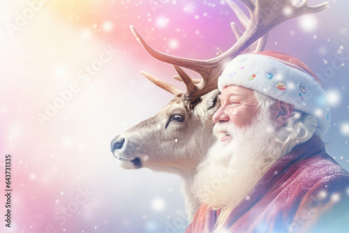 Santa Claus with his reindeer in shades of pastel rainbow. Concept of winter holidays, Christmas and New Year. © lagano