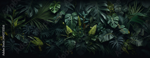 Tropical green leaf in dark tone. Generative AI.
