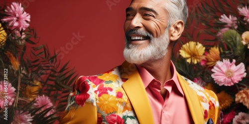 beauty lifestyle photo of an older latino in his 50s to 60s smiling in a floral suit against a studio backdrop with copy space for beauty brands