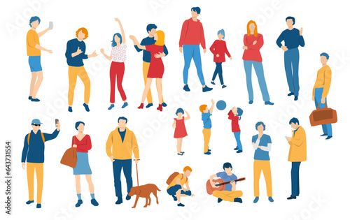 Men, women, teenagers and children standing, walking, sitting, different colors, cartoon character, group  silhouettes rest people, students,  design concept of flat icon, isolated on white background