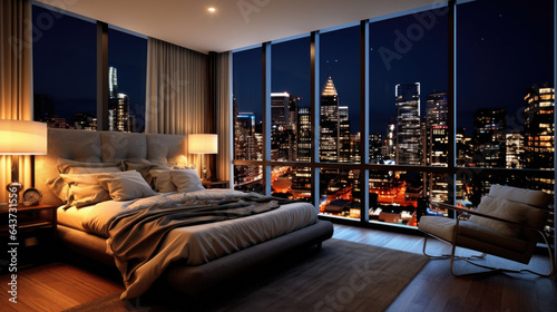 A room with a view of the city from the bed, penthouse bedroom at night. Generative Ai photo