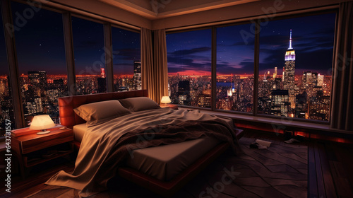 A room with a view of the city from the bed, penthouse bedroom at night. Generative Ai © tong2530