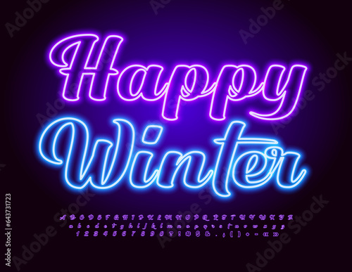 Vector glowing banner Happy Winter. Purple neon Font. Cursive set of Alphabet Letters, Numbers and Symbols