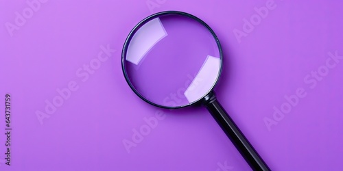 glass magnifying glass on purple background with copy space