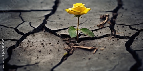 beautiful and frail yellow rose growing from a crack in the concrete sidewalk