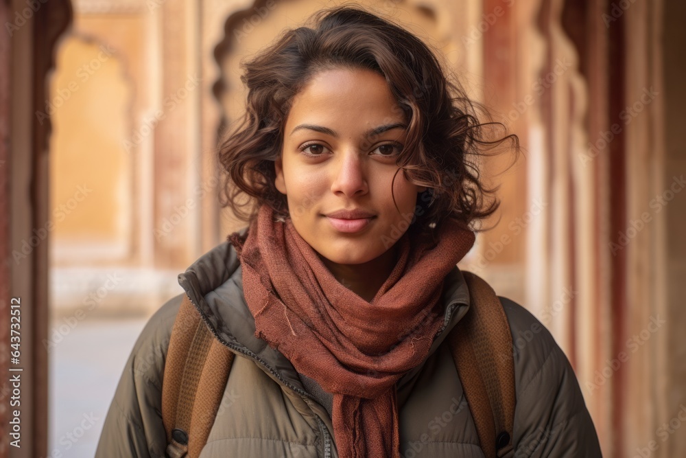 Headshot portrait photography of a glad girl in her 40s wearing a durable down jacket at the amber fort in jaipur india. With generative AI technology Headshot portrait photography of a glad girl in her 40s wearing a durable down jacket at the amber fort in jaipur india. With generative AI technology