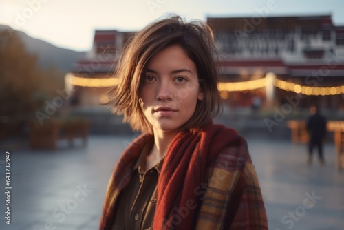 Medium shot portrait photography of a tender girl in her 30s wearing a comfy flannel shirt at the potala palace in lhasa tibet. With generative AI technology