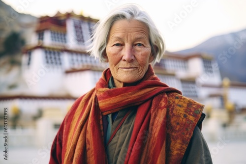 Medium shot portrait photography of a content mature woman wearing a comfy flannel shirt at the potala palace in lhasa tibet. With generative AI technology photo