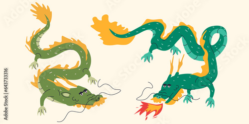 Vector illustration of Chinese green dragon set.New year symbol 2024. T-shirt print, logo, poster, card, design template, tattoo idea.