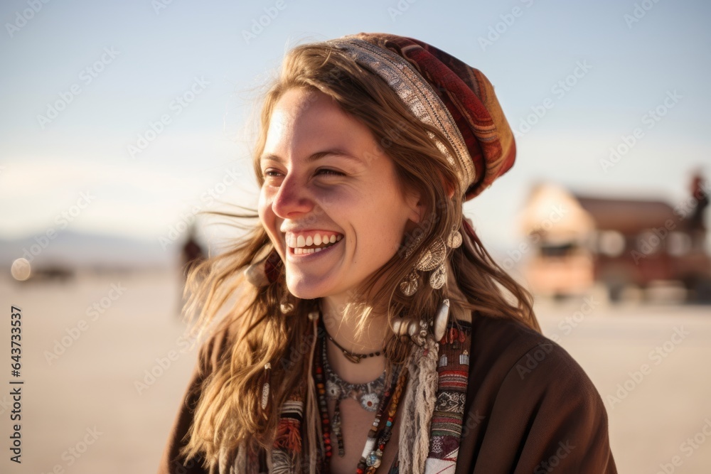 Close-up portrait photography of a happy girl in his 20s wearing an ornate brooch at the salar de uyuni in potosi bolivia. With generative AI technology