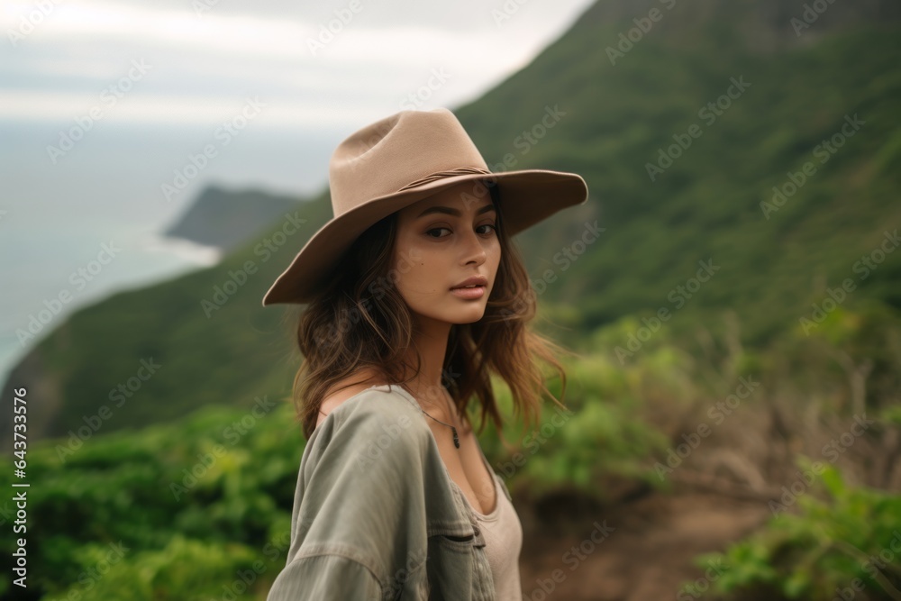 Medium shot portrait photography of a blissful girl in her 30s wearing a rugged cowboy hat at the aogashima volcano in tokyo japan. With generative AI technology