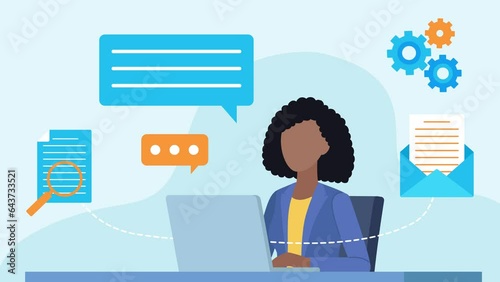 Animation of young ethnic women working on computer. A woman sits in a chair at a desk, the chat cloud and the email, document and pinwheel icons appear all around her. Animation made by human.