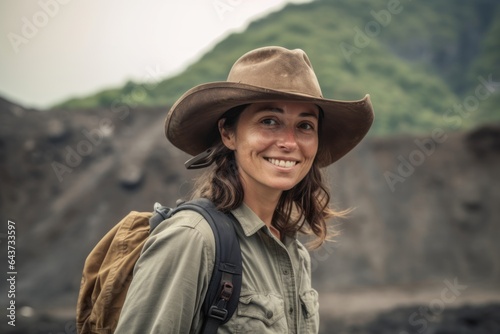 Medium shot portrait photography of a blissful girl in her 30s wearing a rugged cowboy hat at the aogashima volcano in tokyo japan. With generative AI technology photo