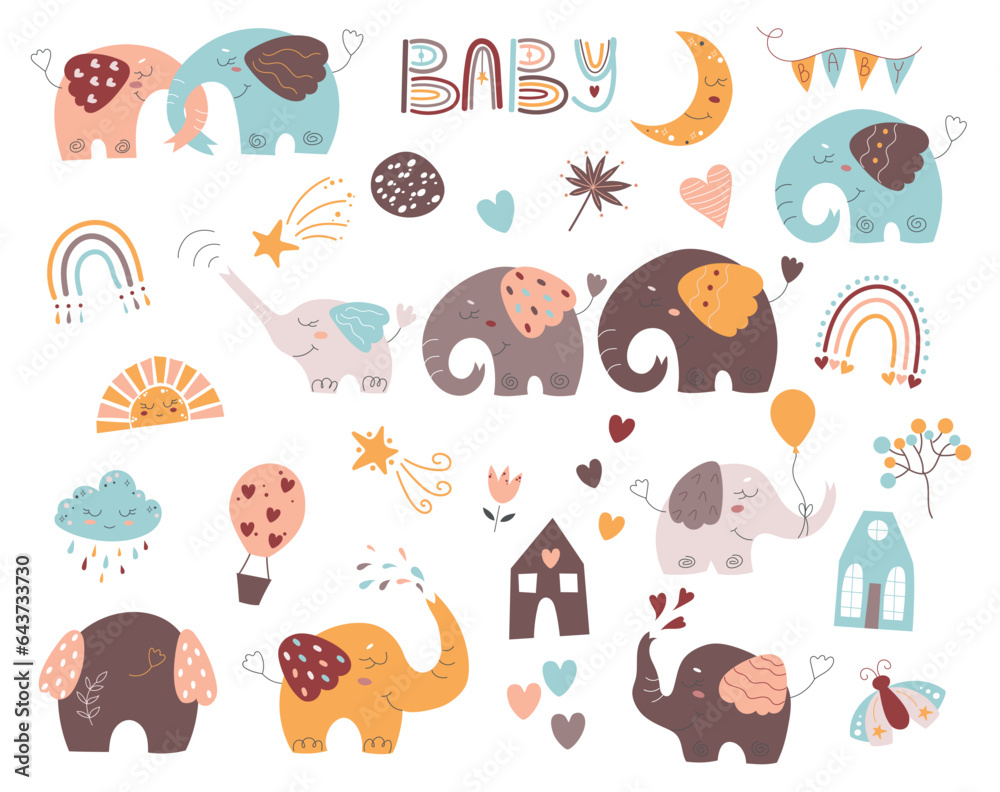 Fototapeta premium Set of hand drawn bohemian baby shower elements