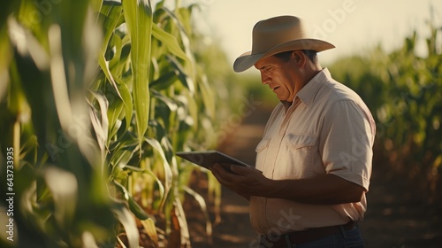 Modern farmer in a corn field using a digital tablet, concept: Digitalization in agriculture 16:9, copy space