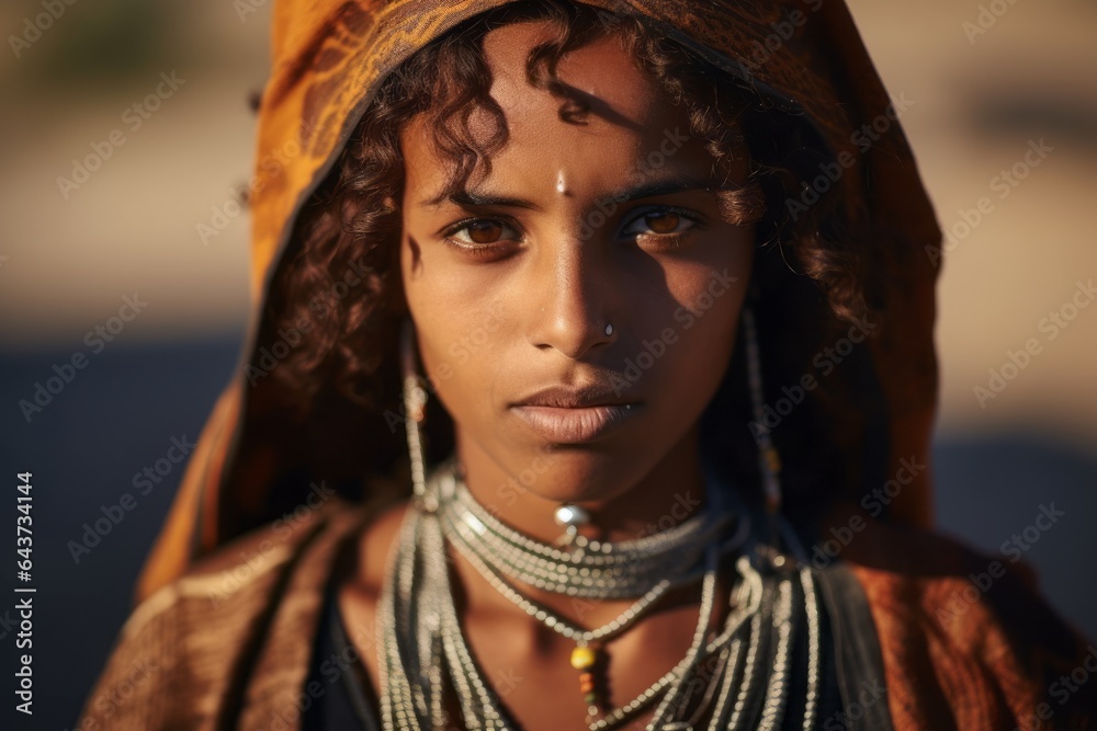 Close-up portrait photography of a jovial girl in her 40s wearing a delicate necklace at the socotra island in yemen. With generative AI technology
