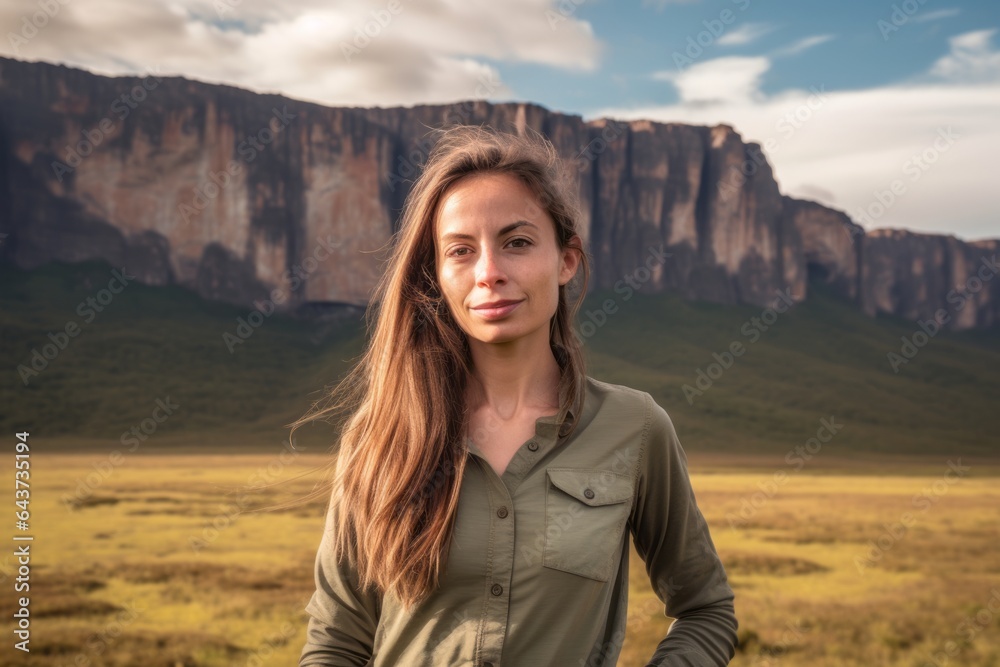 Photography in the style of pensive portraiture of a blissful girl in her 40s wearing a breathable golf polo at the mount roraima in guiana shield south america. With generative AI technology Photography in the style of pensive portraiture of a blissful girl in her 40s wearing a breathable golf polo at the mount roraima in guiana shield south america. With generative AI technology