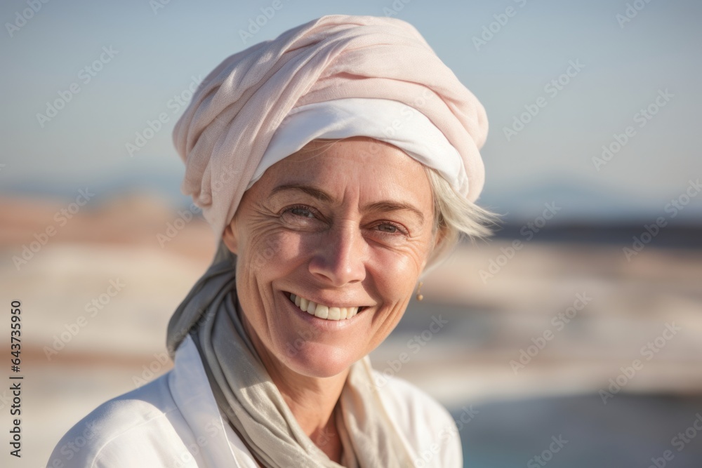 Close-up portrait photography of a grinning mature woman wearing a sophisticated pillbox hat at the pamukkale in denizli turkey. With generative AI technology