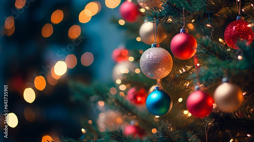 A splendid Christmas tree adorned with an array of colorful baubles and ornaments.