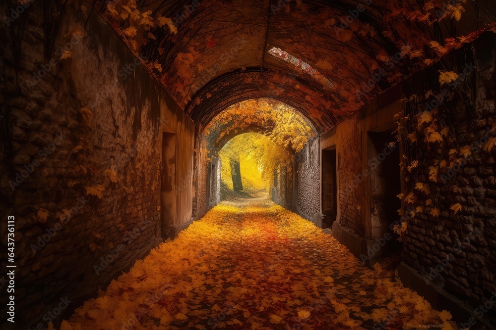 Autumn tunnel. Cozy autumn. Love tunnel in autumn.