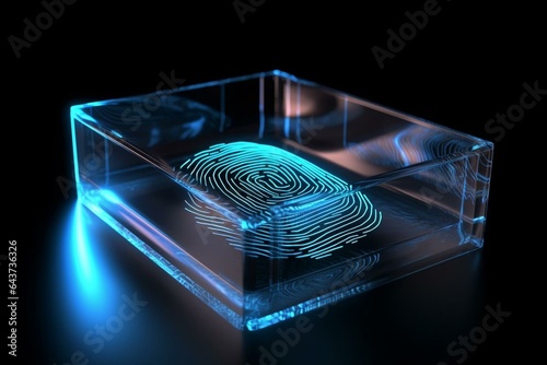 Blurred display with holographic fingerprint. Biometric security rendered in 3D. Generative AI