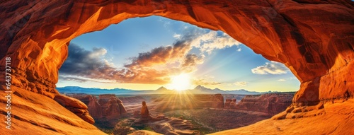 The sun shining through a window in a stunning rock formation