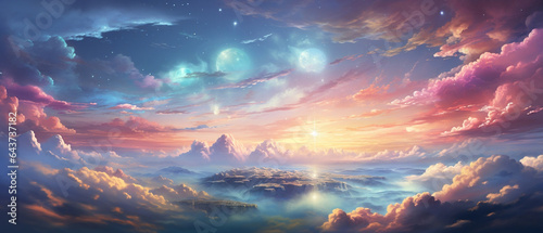 Kraina w przestworzach - podniebny świat. Tło z chmurami i obłokami w powietrzu ponad górami. Rajski i kosmiczny obraz. 