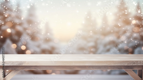 Beautiful snowy park winter snowy landscape scenery park with rustic wooden plank table empty board for product montage mockup display copy space banner