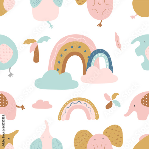Cute seamless pattern. Pink and blue elephants, palm tree, rainbows on a white isolated background. Vector children's illustration. Suitable for fabric, wallpaper, clothing, paper.