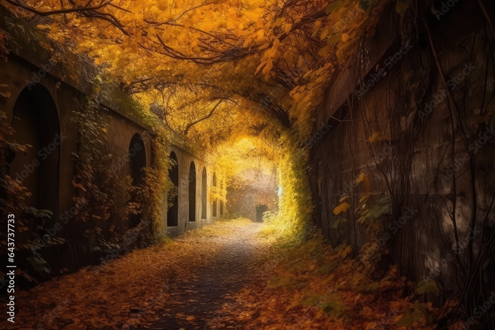 Autumn tunnel. Cozy autumn. Love tunnel in autumn.